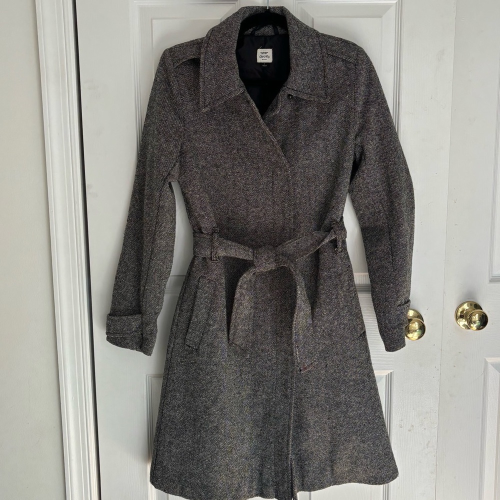 Old Navy Gray Belted Wool Coat Tweed Trench Coat Size S